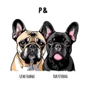 pug and frenchie with names starting with P and B. put beige color  tattoo design idea