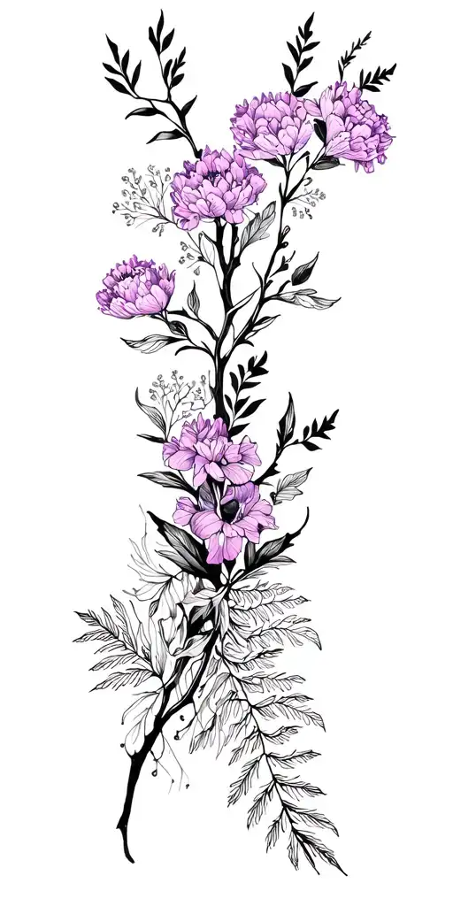 Through the whole hand, a twig of the weaves with lilacs inside, sakura, irises, peonies, azalea, lines, ferns, fox tattoo design idea