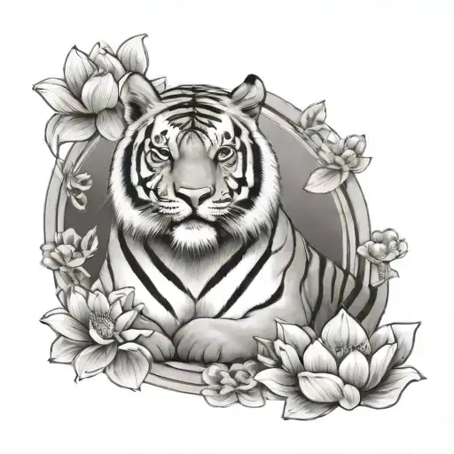 tiger face with his teeth shown on top of his head the bouddha sitting and meditating with lotus flower background tattoo design idea