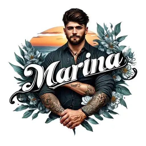 the name "Marina" tattooed on a guy's arm sleeve tattoo design idea