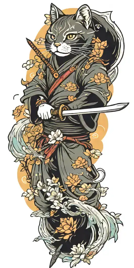 ninja cat holding katana, tail, water, waves, lotus, sakura, clouds, whirlpool, leaves, peony, sun, waterfall tattoo design idea