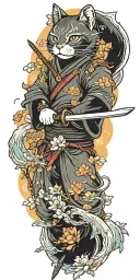 ninja cat holding katana, tail, water, waves, lotus, sakura, clouds, whirlpool, leaves, peony, sun, waterfall tattoo design idea