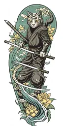 ninja cat holding katana, tail, water, waves, lotus, sakura, clouds, whirlpool, leaves, peony, sun, waterfall tattoo design idea