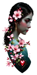 cherry blossoms, red ruby, mountain, ash tree, heart, sisters tattoo design idea