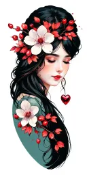 cherry blossoms, red ruby, mountain, ash tree, heart, sisters tattoo design idea