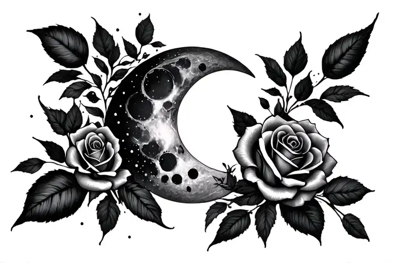 moon, hip tattoo, roses, dot work, simple tattoo tattoo design idea