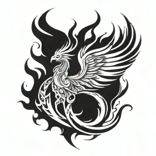 A tribal inspired tattoo of a phoenix engulfed in flames tattoo design idea