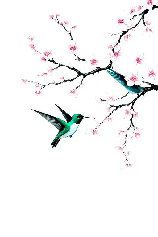 2 hummingbirds with cherry blossom branch tattoo design idea
