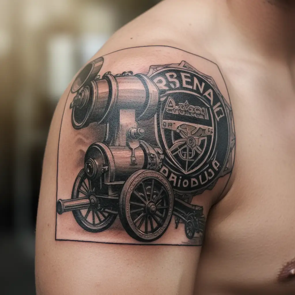 arsenal football club badge and a cannon shooting with Emirates stadium and bukayo saka tattoo design idea