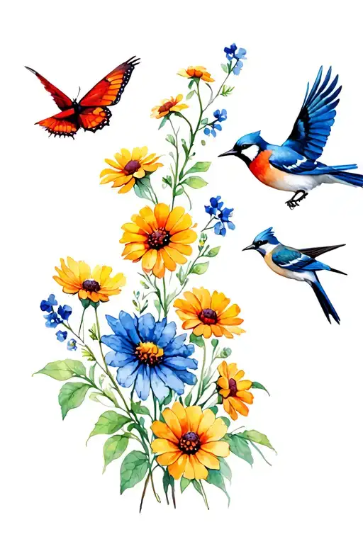 black eyed susans and marigold flowers. a blue jay, cardinal flying. monarch butterfly, humming bird, oriole and raven tattoo design idea