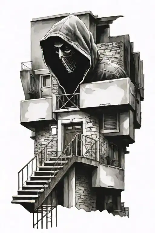 a hooded figure on the stairs in a block of flats tattoo design idea