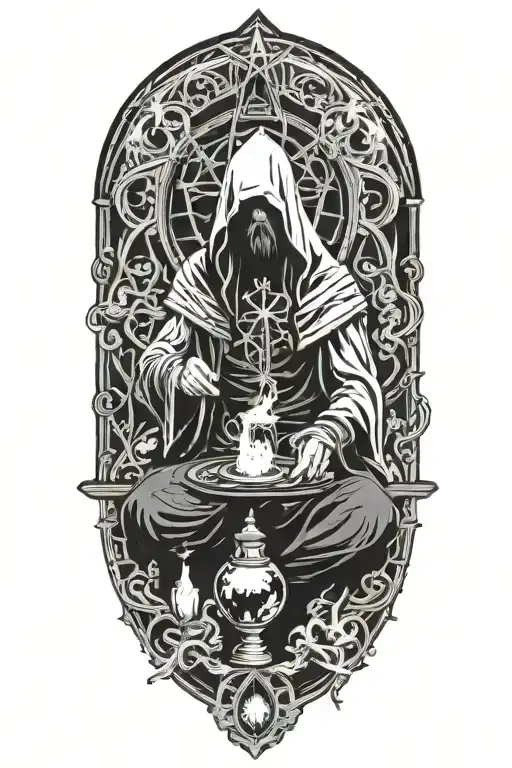 Hodded alchemist performing ritual, pentagram necklace, tarot cards, candles tattoo design idea