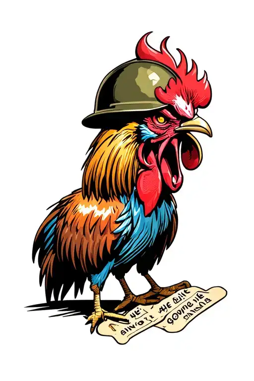 angry rooster military helmet with dog tags reading he ain't gonna die tattoo design idea