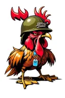 angry rooster military helmet with dog tags reading he ain't gonna die tattoo design idea