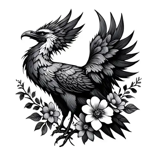 A black not too complicated sketch (only outline) of a phoenix tattoo with flowers on a white empty background tattoo design idea