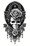Based on the chandelier of the phantom of the opera, create a tattoo with such details, a rose and a phantom mask tattoo design idea