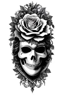 Based on the chandelier of the phantom of the opera, create a tattoo with such details, a rose and a phantom mask tattoo design idea