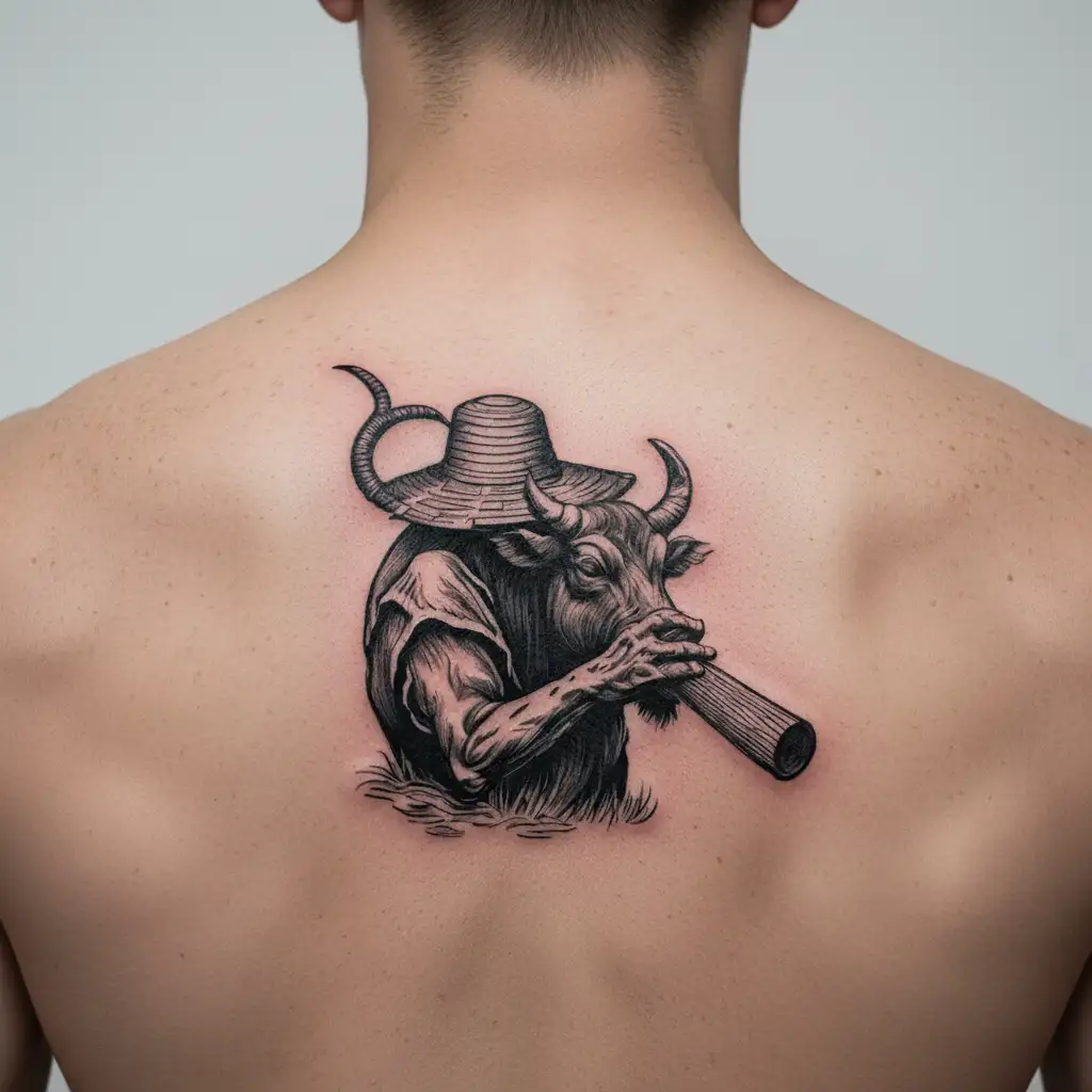 Vietnamese water buffalo with straw hat farmer playing the flute tattoo design idea