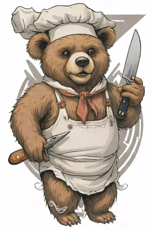 a sarcastic teddy bear who is a professional chef holding a chef knife  tattoo design idea