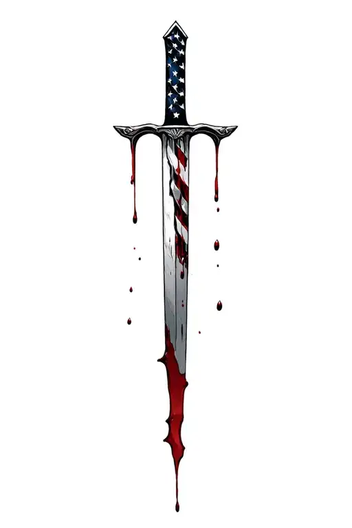 upward hilt blood dripping and tattered usa flag and sharp long blade tattoo design idea