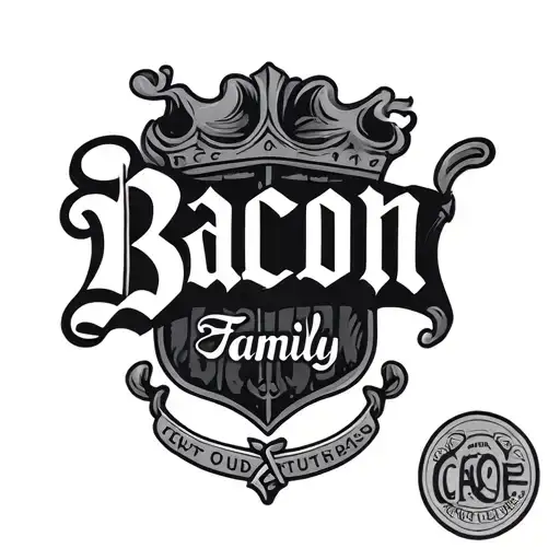"Bacon cursive family crest " writing cursive with crest the word bacon  tattoo design idea