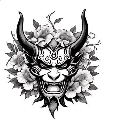 oni demon mask surrounded by flowers  tattoo design idea