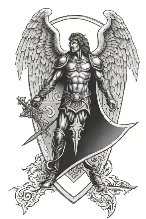 GUARDIAN ANGEL AND WARRIOR ARCHANGEL AND ROMAN NUMERALS NUMBER 4 ON SHIELD OF WARRIOR tattoo design idea