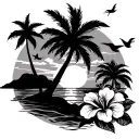 vibrant color sunset with palm trees overlooking the beach, with hibiscus flowers in the for front and a humming bird  tattoo design idea
