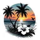 vibrant color sunset with palm trees overlooking the beach, with hibiscus flowers in the for front and a humming bird  tattoo design idea