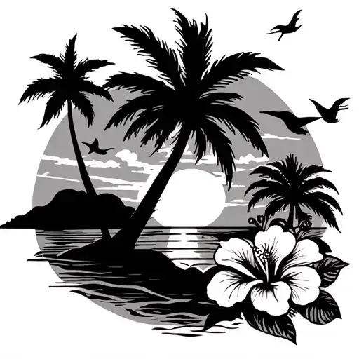vibrant color sunset with palm trees overlooking the beach, with hibiscus flowers in the for front and a humming bird  tattoo design idea