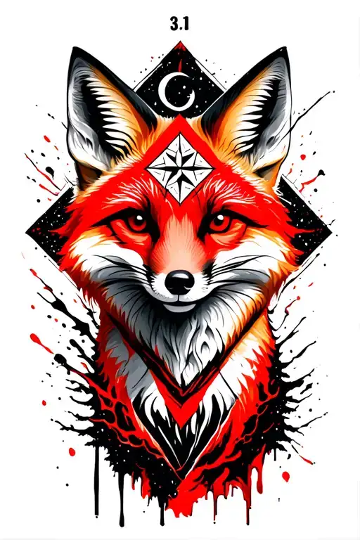 A fox with a diamond-shaped symbols in the style of the national Bedarussian identity. Compass, moon, footsteps, tree tattoo design idea