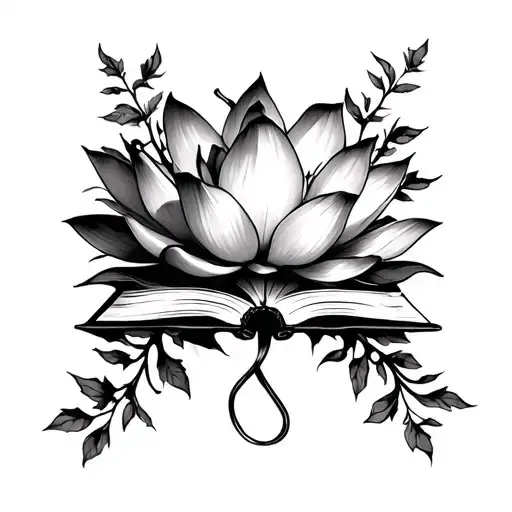 lotus flower with book and vines tattoo design idea