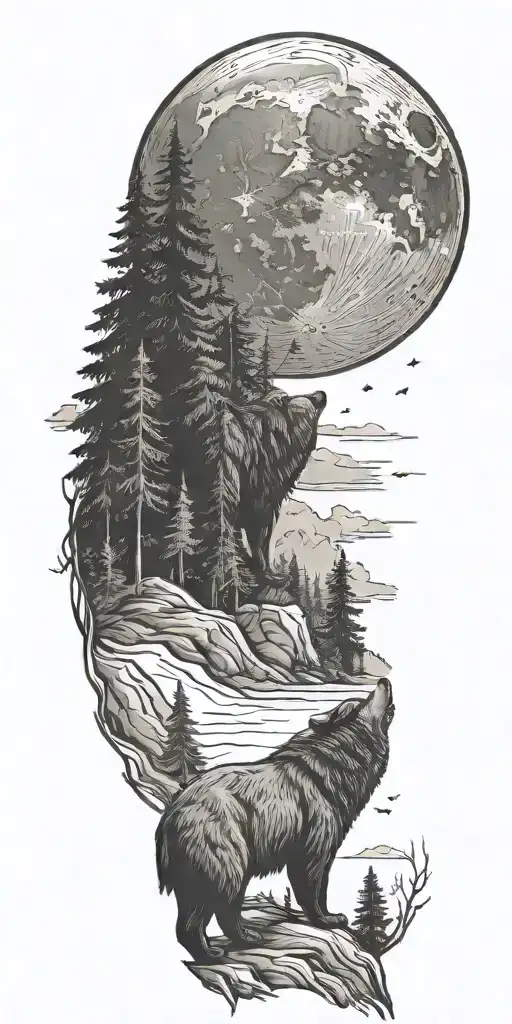 nature, bear, wolf howling at the moon tattoo design idea