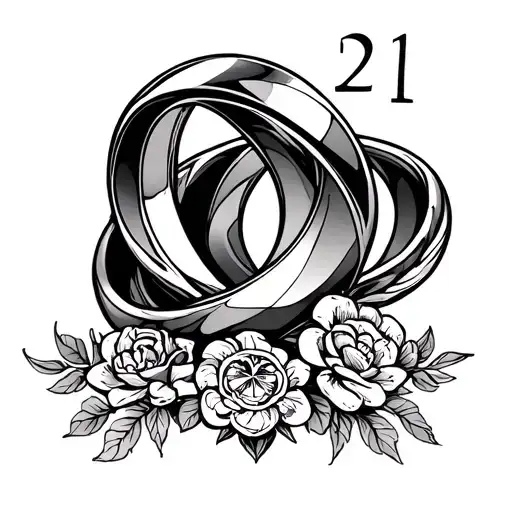 A stylized design of a wedding ring intertwined with the number 21, symbolizing the couple's anniversary date tattoo design idea