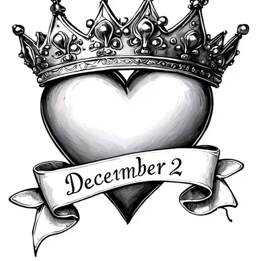 a queen's crown enclosed by a larger heart. there is a ribbon that passes through the middle of everything with December 2 written on it tattoo design idea