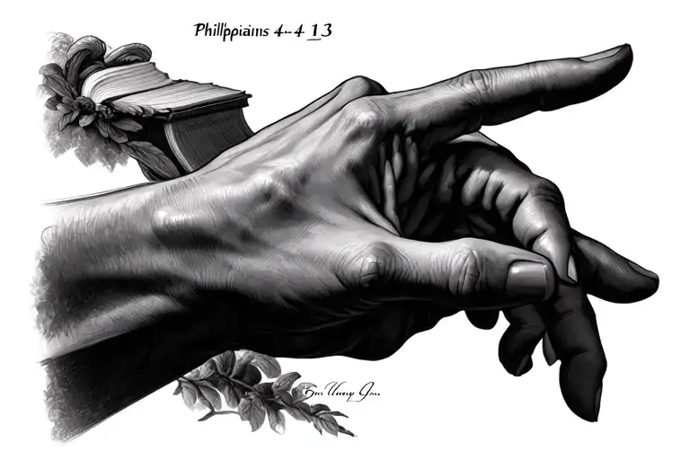 creation of adam fingers with a bible verse Philippians 4:13 tattoo design idea