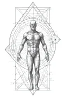 vitruvian man with geometry, alchemy symbols and dna tattoo design idea