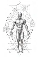 vitruvian man with geometry, alchemy symbols and dna tattoo design idea