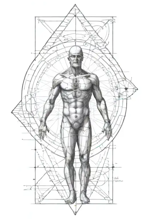 vitruvian man with geometry, alchemy symbols and dna tattoo design idea