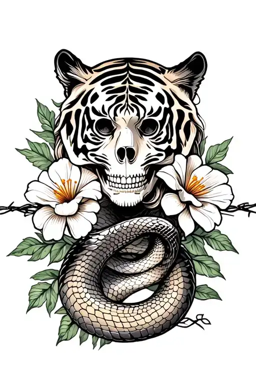 woman cobra flowers panther tiger barbed wire pinup skull tattoo design idea