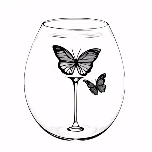 Wine glass filled with a hole at the bottom and a butterfly tattoo design idea