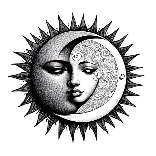 Blackwork tattoo design of the sun and crescent moon gently kissing the sun tattoo design idea