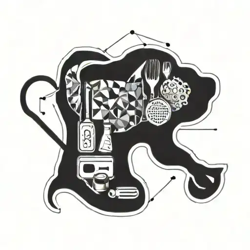 A geometric design of a dog silhouette surrounded by cooking utensils and learning tools, showcasing the client's favorite things and hobbies tattoo design idea