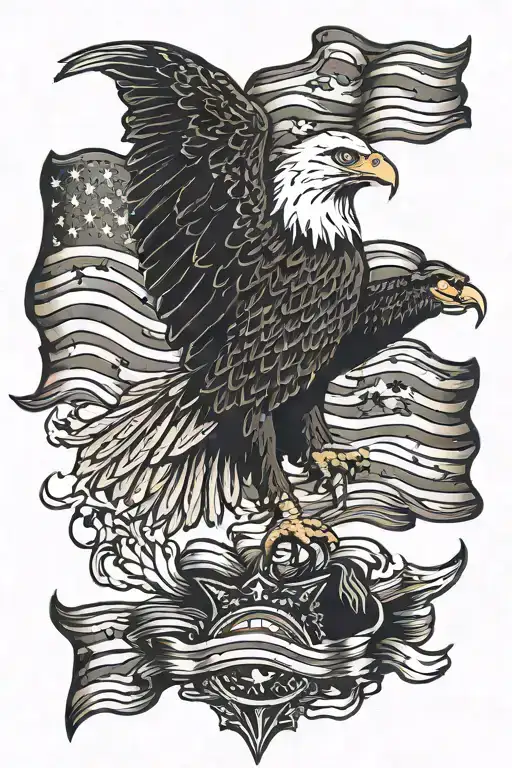 Bald eagle flying and 1776 flag waving tattoo design idea