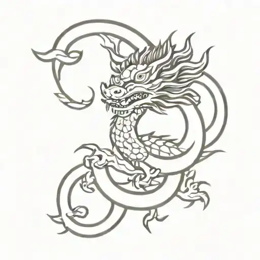 Tibetan dragon with a proud of china flower and protecting a precious stone  tattoo design idea