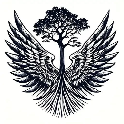 lebanese cedar tree in the middle and wings on the side  tattoo design idea