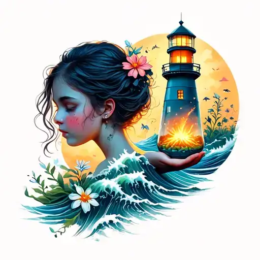lighthouse with nature, flowers, ocean waves, female portrait of a girl holding a jar of fireflies tattoo design idea