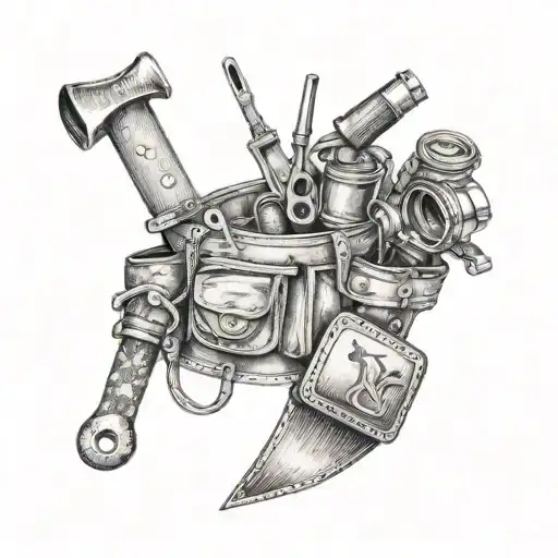 A dotwork tattoo of a carpenter's tool belt adorned with hunting gear and surrounded by wilderness scenery tattoo design idea