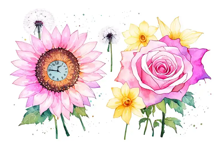 sunflower, rose daffodil and clock dandelion tattoo design idea