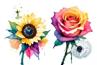 sunflower, rose daffodil and clock dandelion tattoo design idea